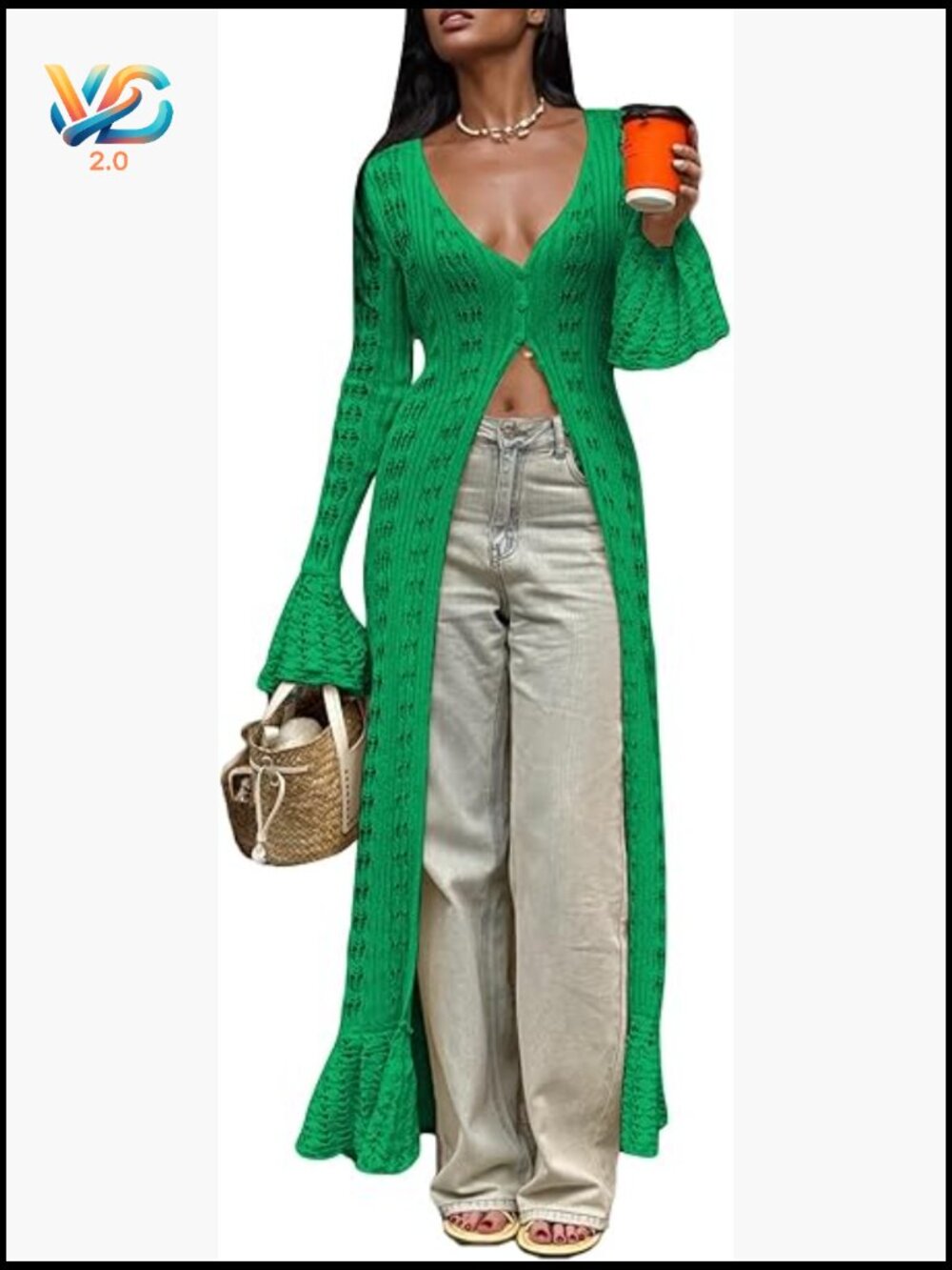 Crochet Hollow Out Knit Maxi Cardigan Long Sleeve Button Down Duster Cover Up